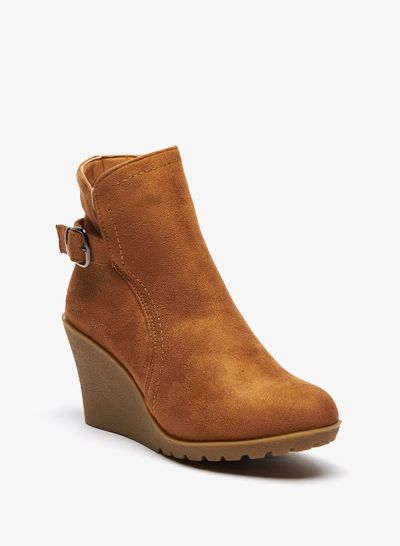 Solid Wedge Heel Ankle Boots with Zip Closure Brown