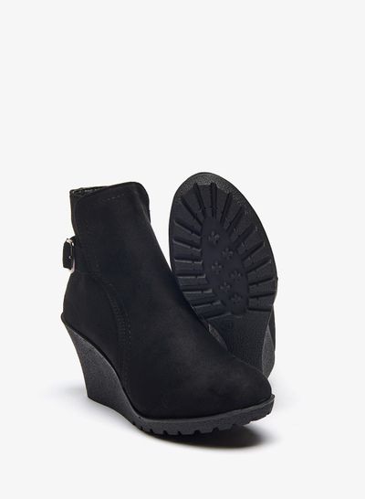 Solid Wedge Heel Ankle Boots with Zip Closure Black