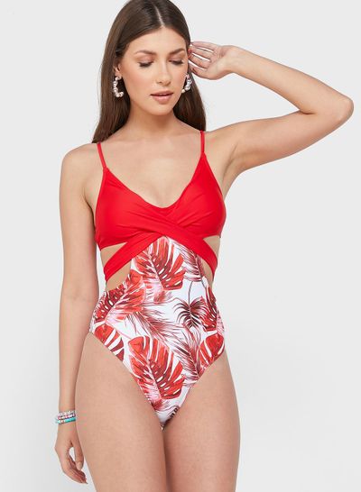 Printed Cross Front Swimsuit