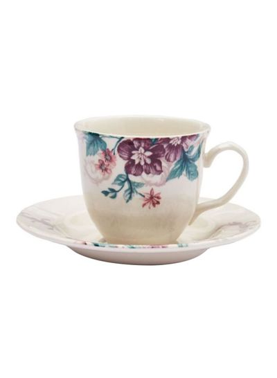 Printed Cup And Saucer Set White/Brown/Blue 200ml