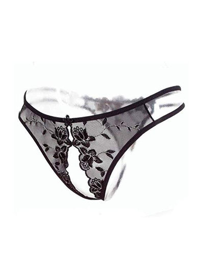 Embroidered Pattern Thong Black