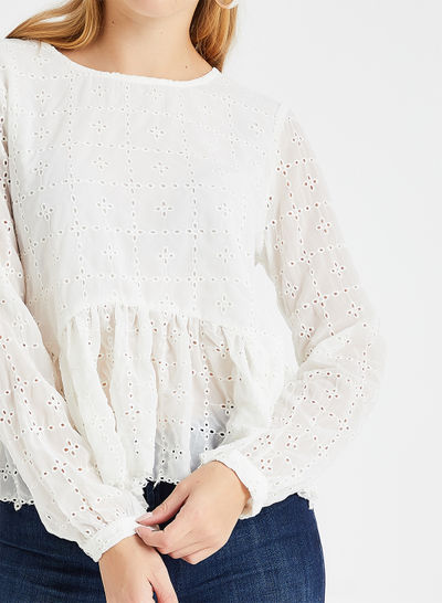 Embroidered Lace Long Sleeve Blouse White