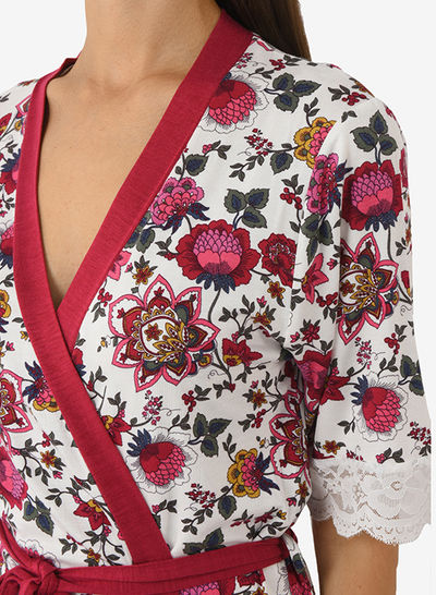Floral Print Robe With Solid Pipping And Tie Ups Multicolour