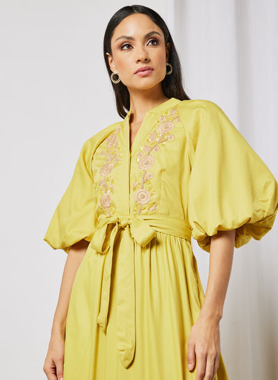 Embroidered Puff Sleeve Dress Mustard