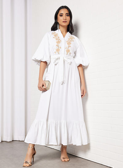 Embroidered Puff Sleeve Dress Off White