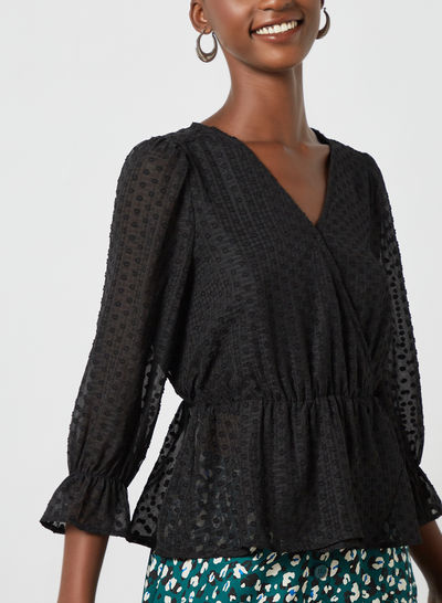 Embroidered Wrap Top Black