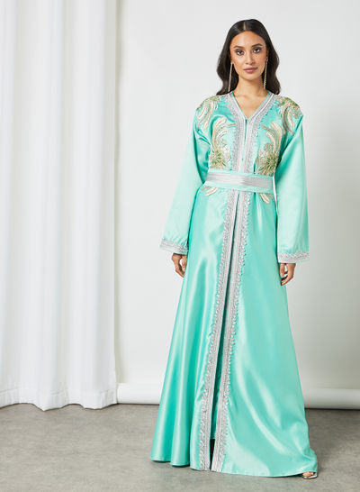 Embroidery Modest Kaftan Turquoise Green