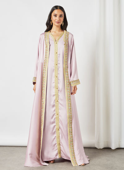 Embroidered Long Sleeves Moroccan Kaftan Purple/Grey