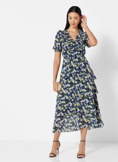 Floral Print Ruffle Detail Dress Blue/Beige