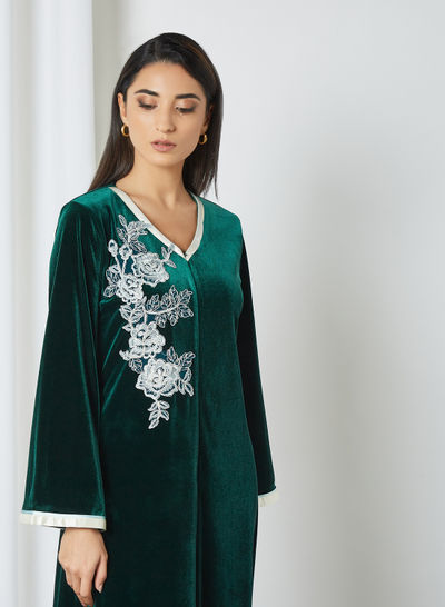 Embroidered Velvet Abaya Green