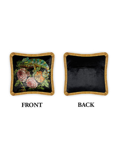 Embroidery Imitated Chameleon And Rose Decorative Velvet Cushion Cover Multicolour 45x45cm