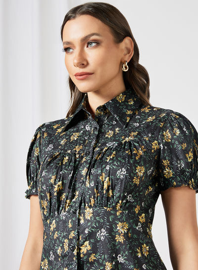 Floral Print Shirt Dress Black