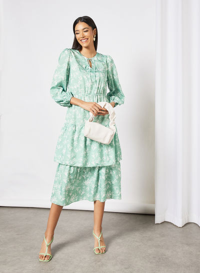 Floral Print Puff Sleeve Dress Green