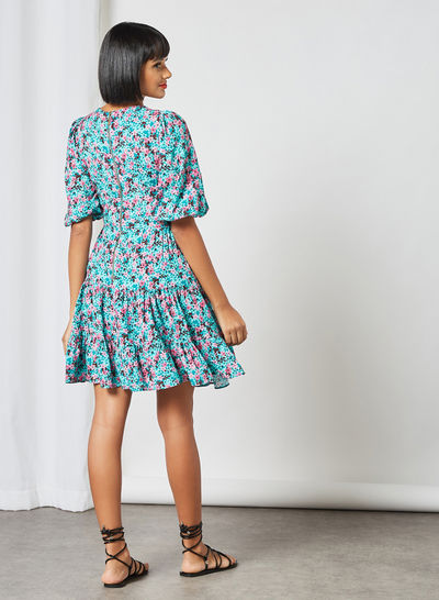Floral Print Tiered Dress Turquoise