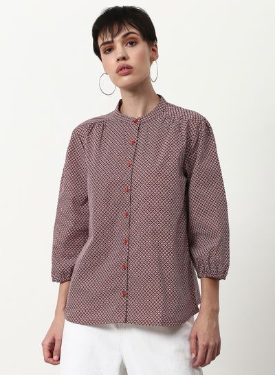 Printed Casual Woven Top Brown,Red