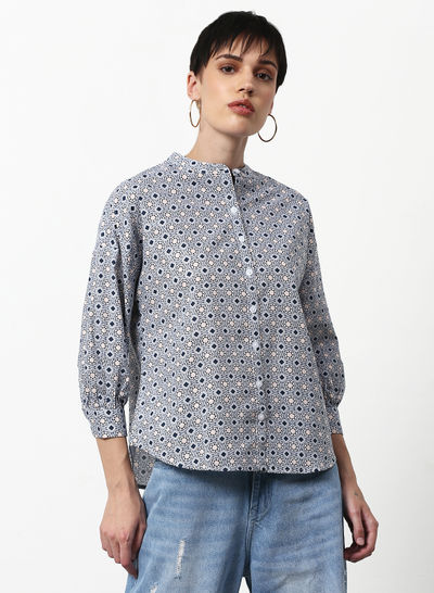 Printed Casual Woven Top Blue