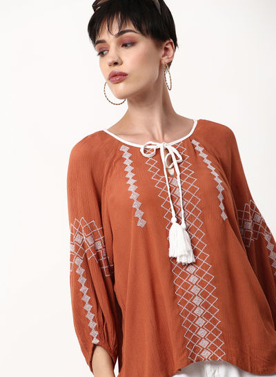 Embroidered Regular Fit Woven Top Rust