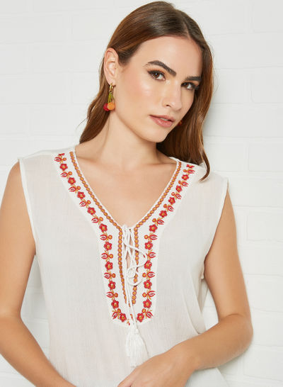 Embroidered Neck Detail Top White