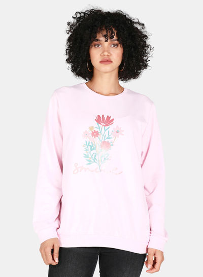 Floral Print Round Neck Sweatshirt Light Pink