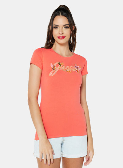 Embroidered Tropical Logo T-Shirt Coral