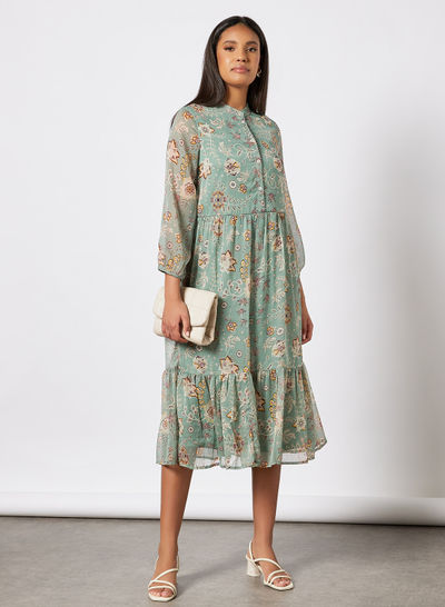 Floral Print Tiered Dress Green