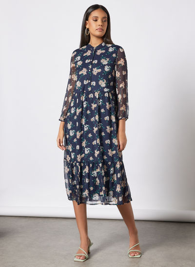 Floral Print Tiered Dress Navy